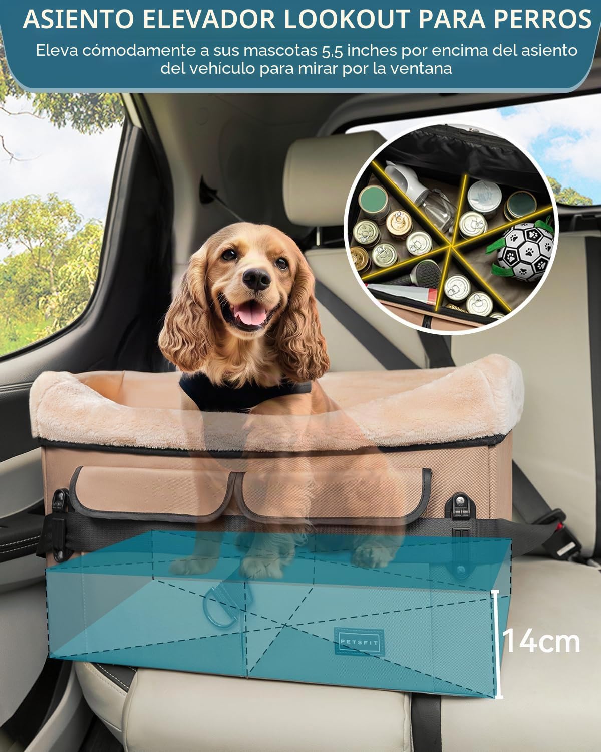 Petsfit Asiento de coche para perro de tamaño mediano, con hebillas de patente, almohadilla lavable, asiento elevador mejorado de hasta 20 kg, caqui
