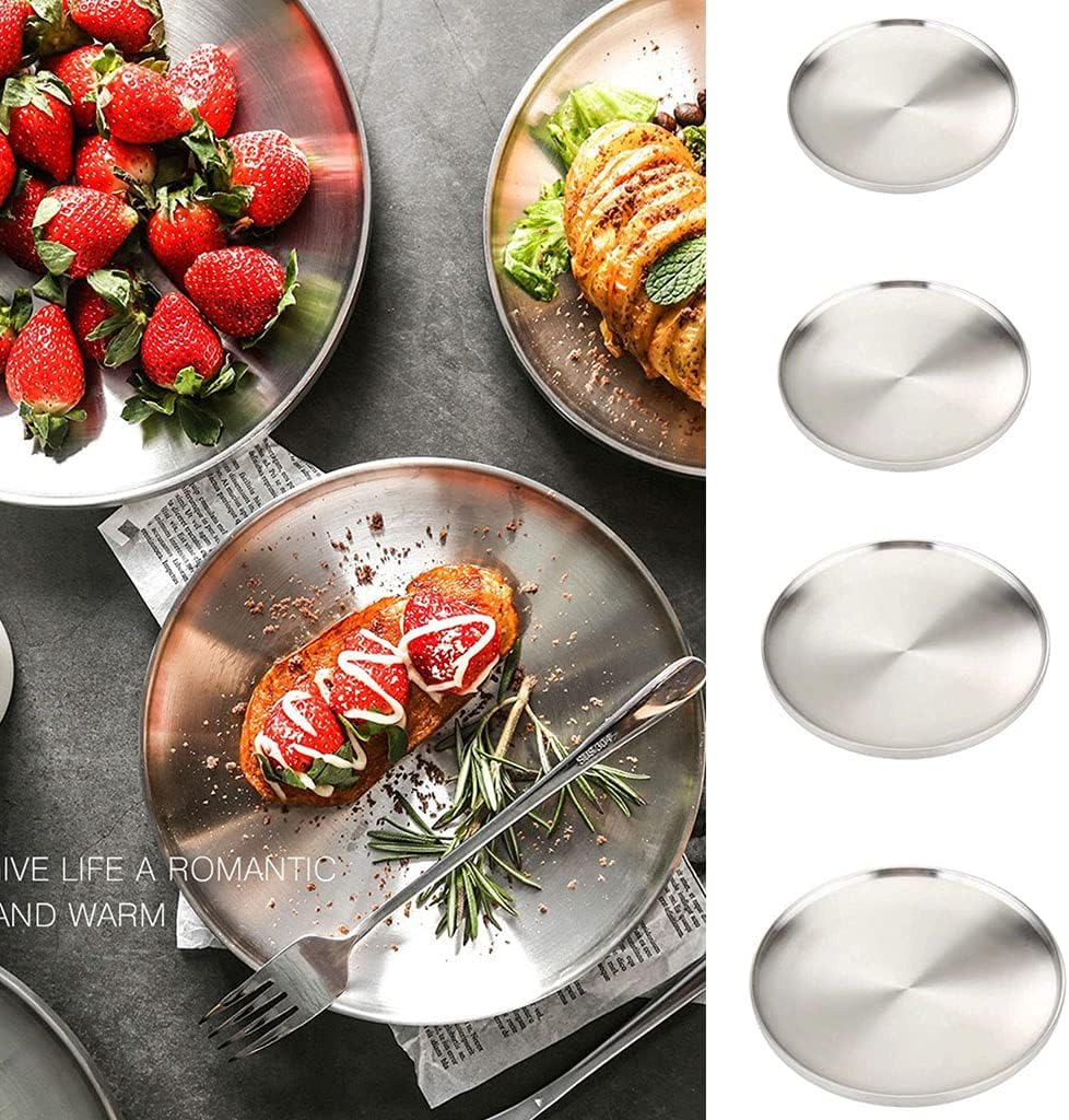 Stainless Steel Double Layer Round Dinner Plate Heat Insulation Dish Anti-scald Bowl Korean Seasoning Dish