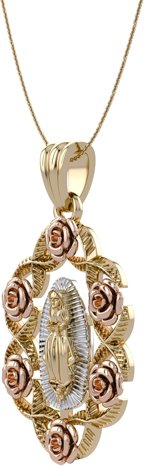 AFFY Our Lady of Guadalupe Pendant Necklace, Three-Tone 14K Gold Over 925 Sterling Silver, Inspirational Religious Catholic Jewelry Gift for Women & Men with 18" Rope Chain