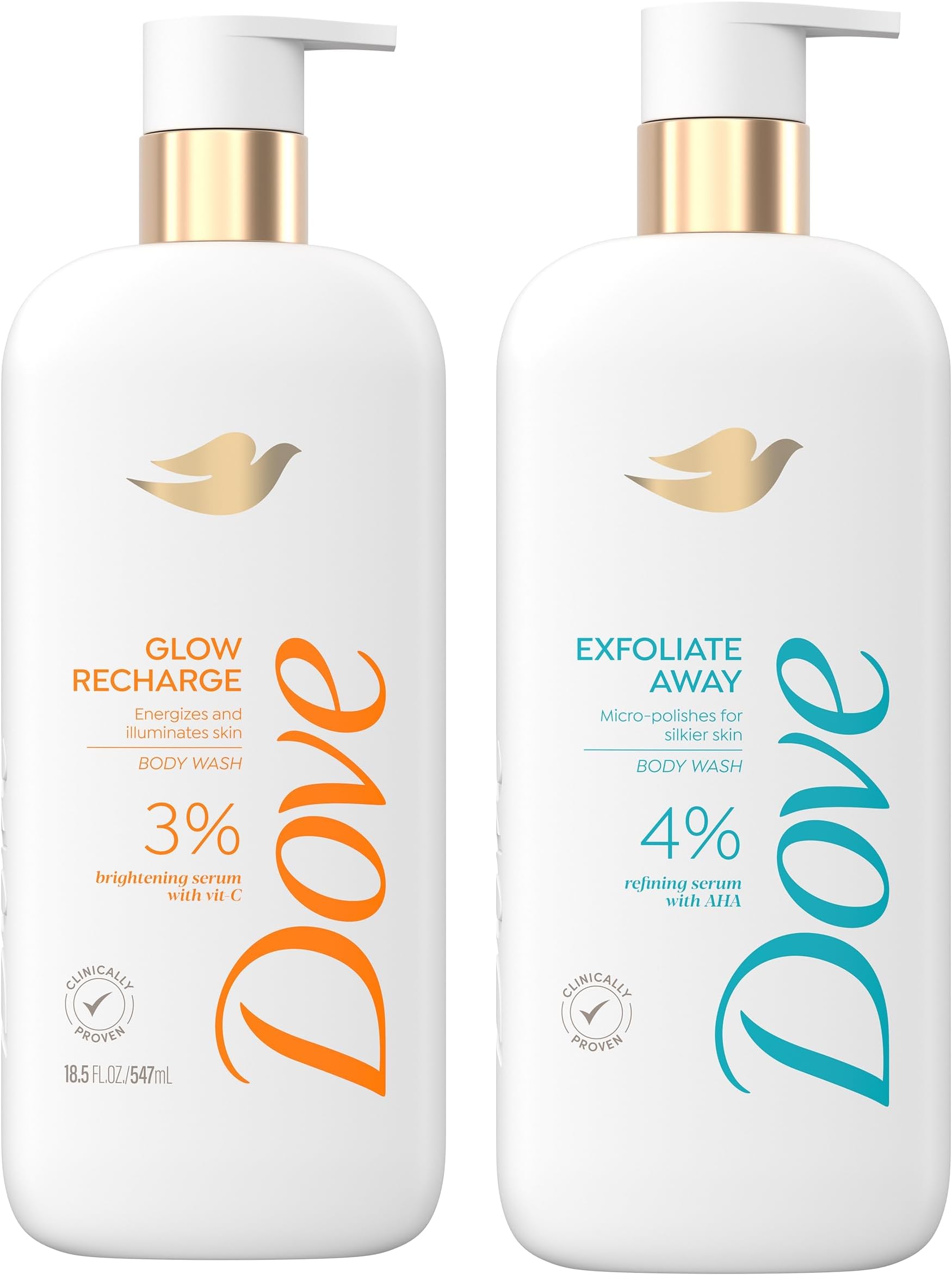 Dove Exfoliating Body Wash Glow Recharge Energizes & illuminates skin 3% brightening serum & Body Wash Exfoliate Away Micro-polishes for silkier skin 4% refining serum with AHA 18.5 oz