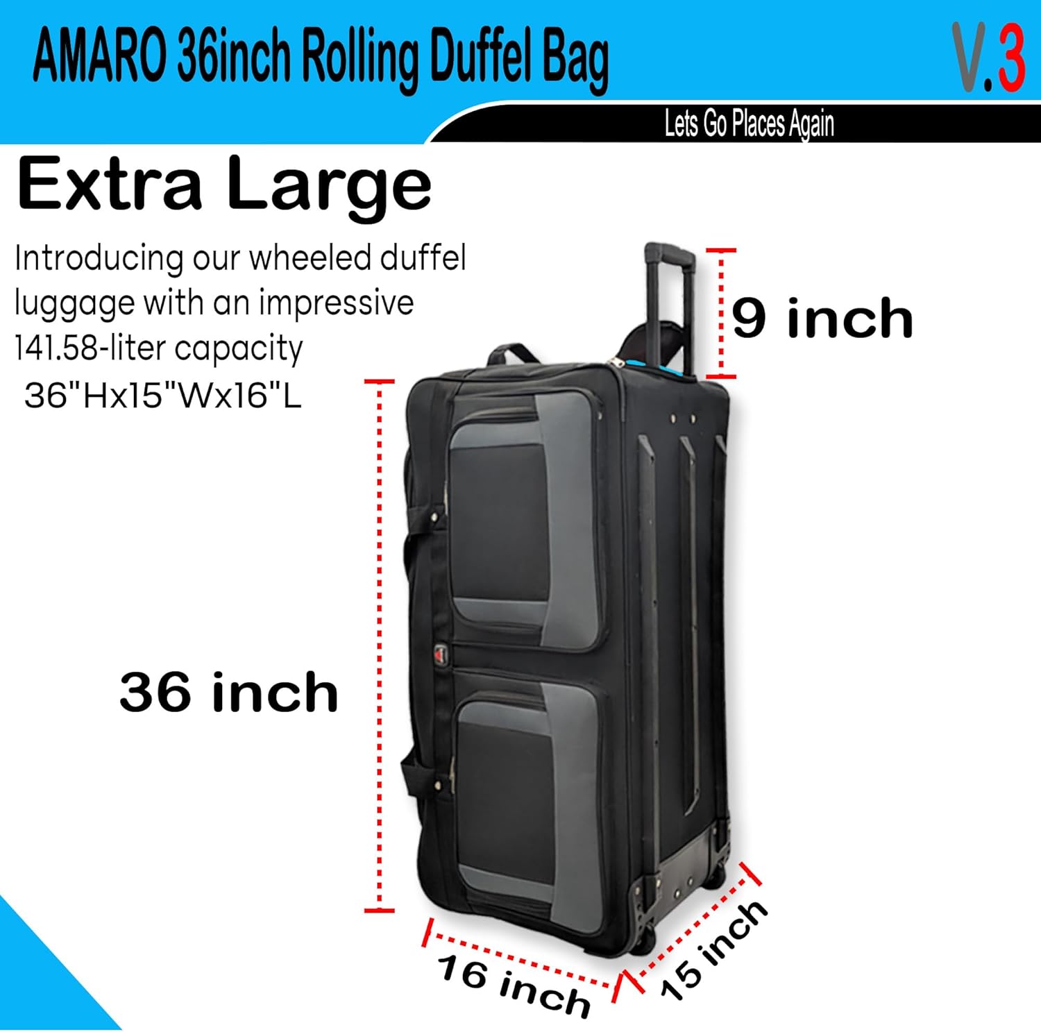 AMARO 36-Inch Rolling Duffle Bag with Wheels and Handle – Extra Large Travel Luggage with Multiple Compartments and Durable Polyester – Black/Grey - Image 6