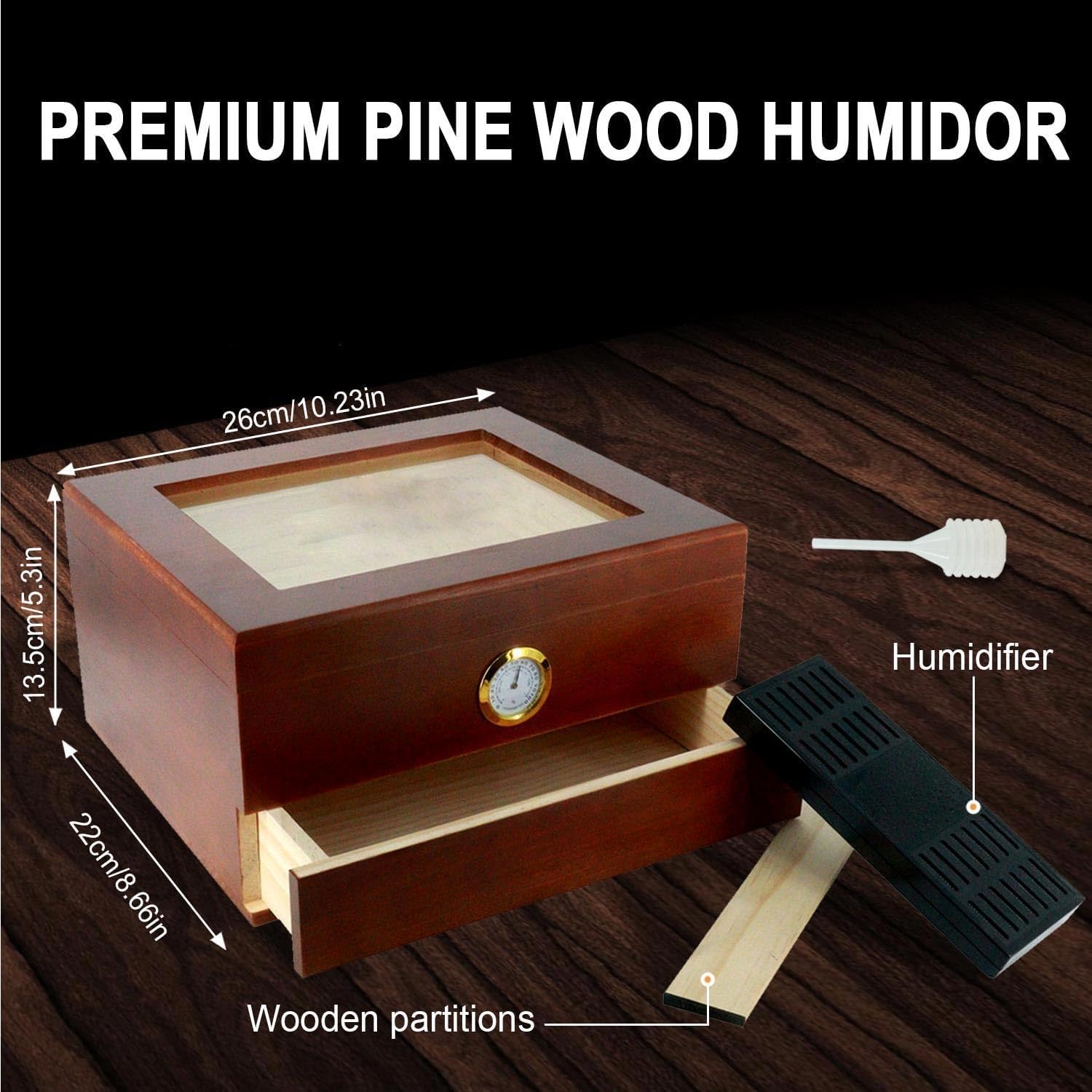 Pine Wood Cigar Humidor with Digital Hygrometer and Accessory Drawer - Handcrafted Two-Layer Large Capacity Cigar Box with Spanish Cedar Lining - Real Glass Top Display for 20-50Cigars, Men's Gift