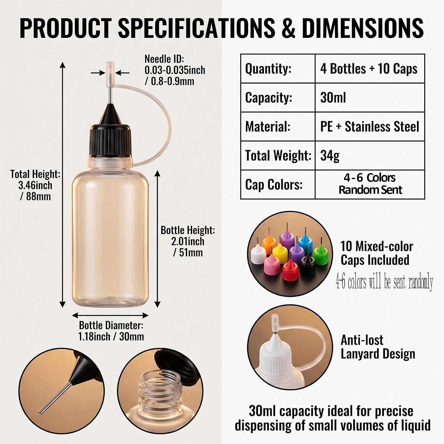 TUPWELY 4Pcs 30ml Precision Tip Applicator Bottles with 10 Lids & 2 Funnel