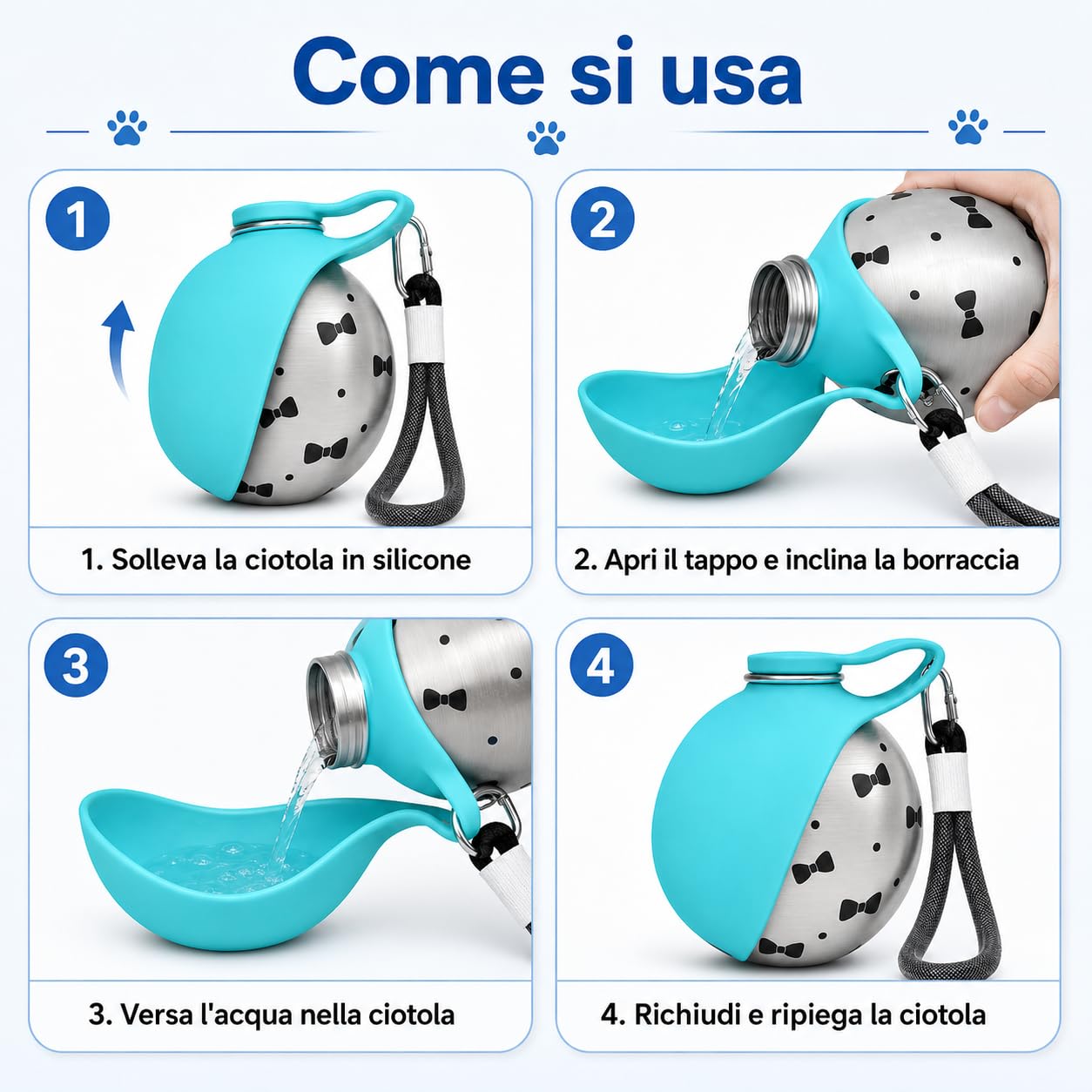 Borraccia per Cani Portatile e Compatta - Bottiglia in Acciaio per Cani in Acciaio Inox da 285ml con Ciotola Pieghevole in Silicone Anti-Goccia (Rosa A+Blu A 285ml)