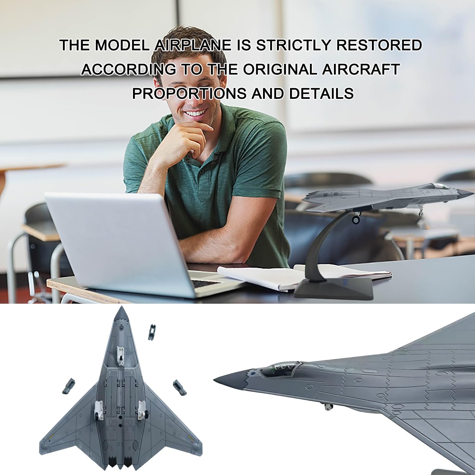 Modello aereo militare J-50 sesta generazione Stealth Fighter in scala 1:144 - Espositore collezione preassemblato con parti mobili, regalo for gli appassionati aviazione Collezionisti modelli
