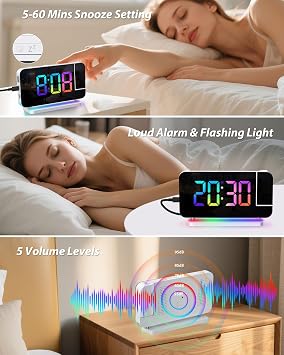 Alarm Clock with Projection: 7 Inch Digital Mirror Clocks with 180° Rotating Projector Digital Alarm Clock for Bedroom