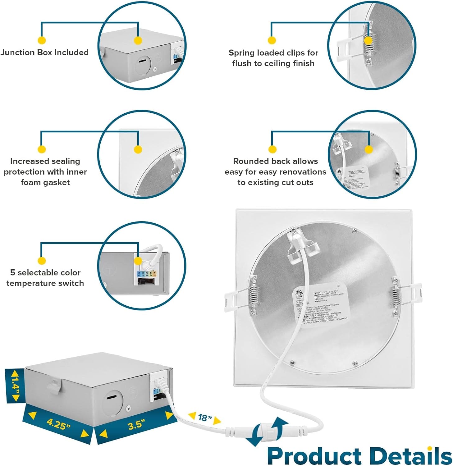 SUNPERIAN 6 Inch Square Ultra-Thin LED Recessed Lighting with Junction Box, 5 Color Options 2700K/3000K/3500K/4000K/5000K, 12W, 1000 Lumens, Dimmable Wafer Lights, Wet Rated, IC Rated (4 Pack)