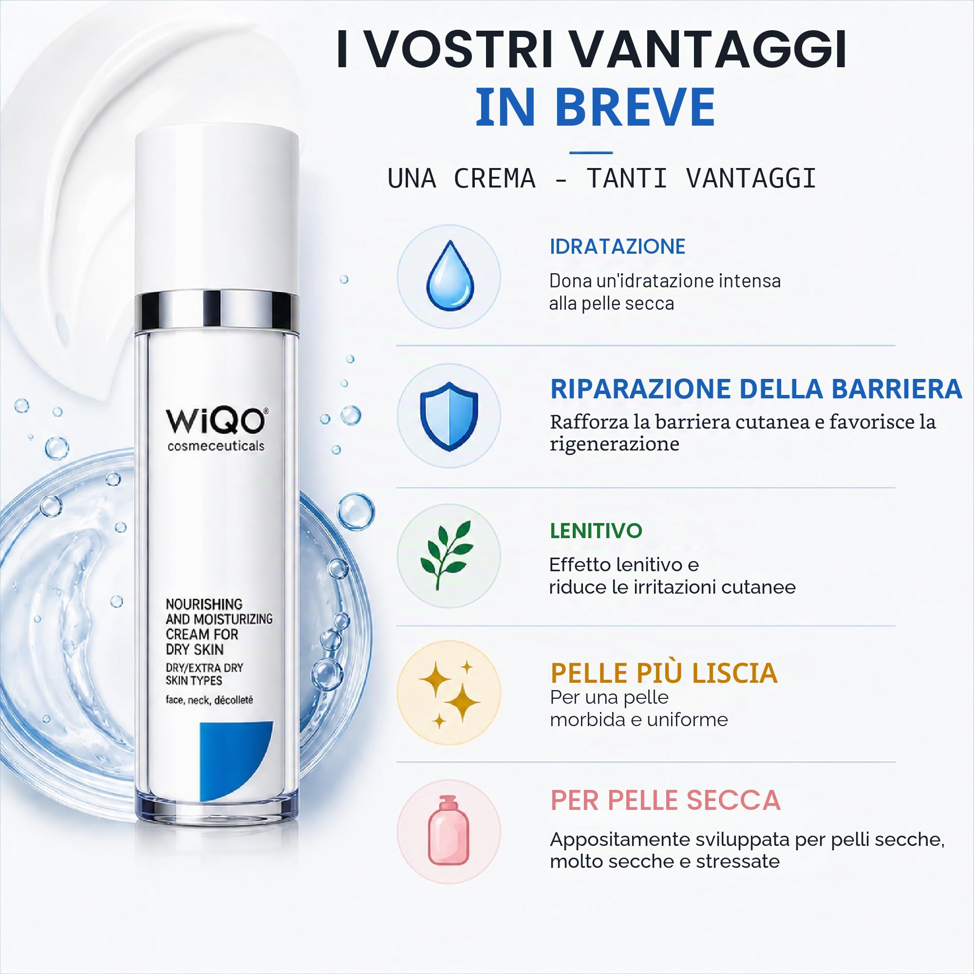 WiQo Crema idratante per il viso, 50 ml, crema idratante per pelle secca, PRX-T33, post-cura, riparazione, idratazione, viso, collo e décolleté