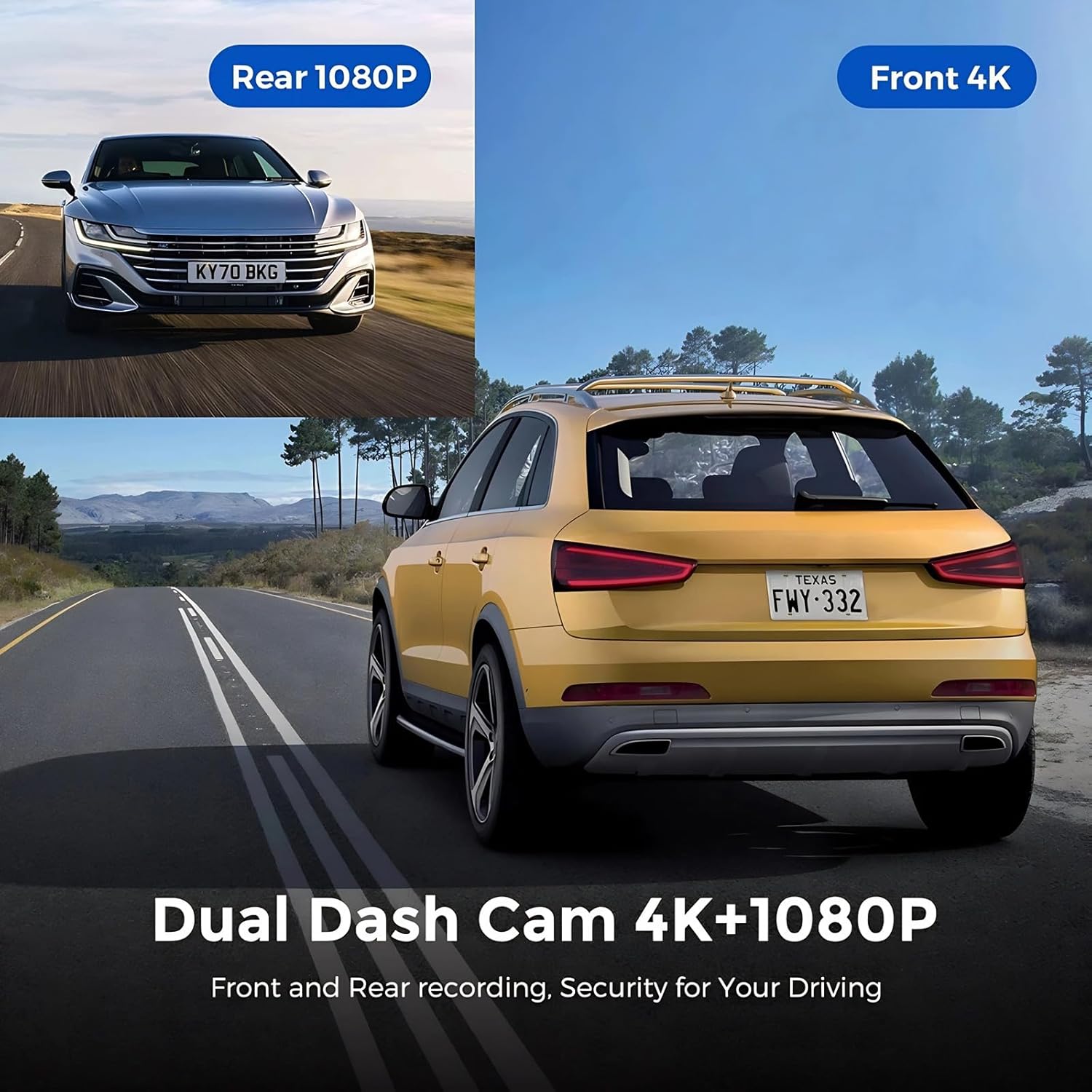 4K and 1080P Front Rear Dash Cam with Night, G Sensor and 24H Parking Monitoring for Wide Angle Surveillance
