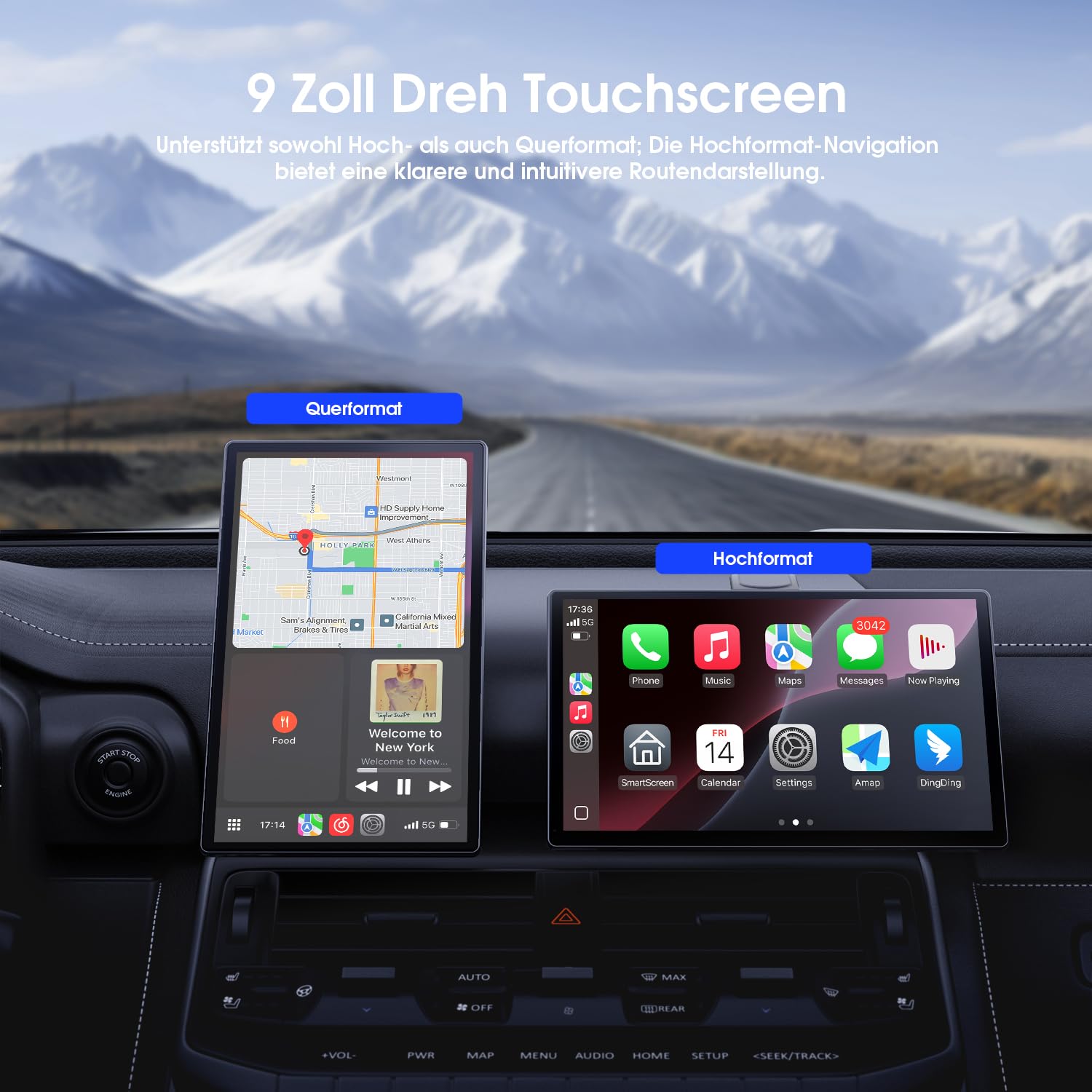 Avylet 9 Zoll Wireless Carplay Display für Apple Carplay & Android Auto, Tragbarers Carplay Autoradio mit Magnetischer Halterung, OTA-Updates, IP67 Rückfahrkamera, GPS Navigation, Bluetooth 5.0