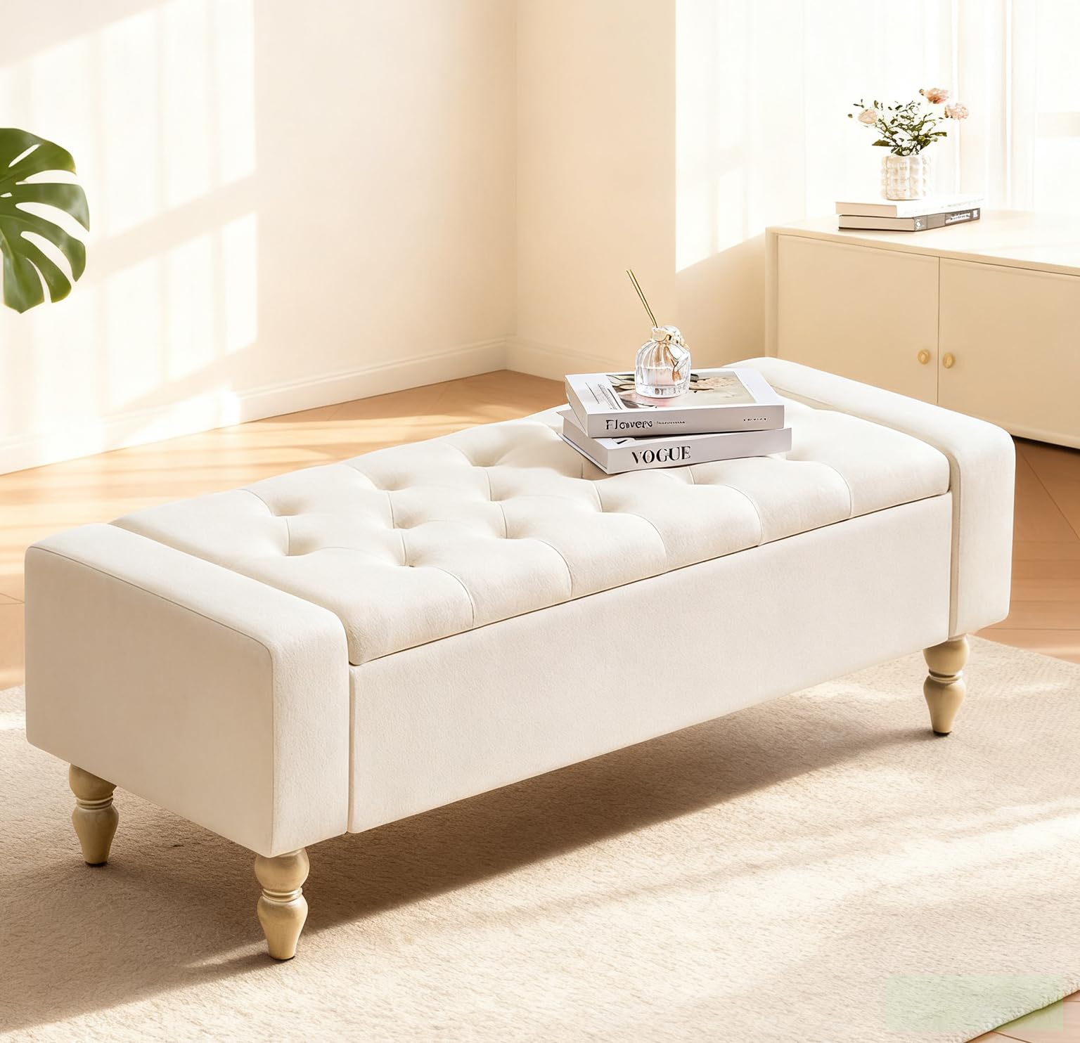 Hellove Banco de Almacenaje con Patas de Madera, 120x45x43 cm, Puff Tapizado con Botones en Tela de Lino, Sin Brazos, Banc Coffre para Salón, Dormitorio o Pie de Cama, Pasillo, de Carga 150 KG Beige