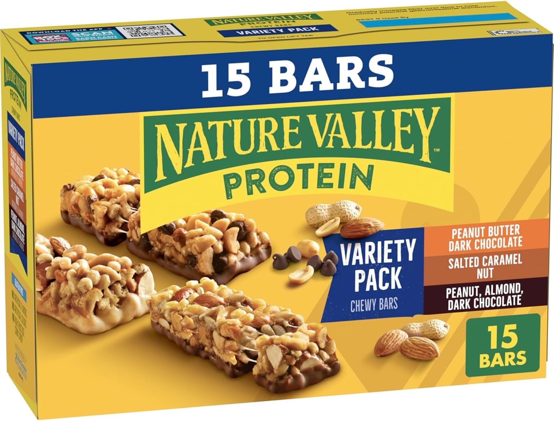 Nature Valley Protein Bars Variety Pack, Gluten Free Chewy Granola Snack Bars, 10g Protein, Peanut Butter Dark Chocolate, Salted Caramel Nut, Peanut Almond Dark Chocolate, 15 Count, 21.3 oz Box