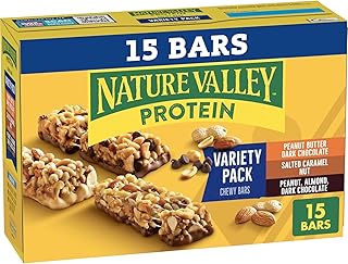 Nature Valley Protein Bars Variety Pack, Gluten Free Chewy Granola Snack Bars, 10g Protein, Peanut Butter Dark Chocolate, Salted Caramel Nut, Peanut Almond Dark Chocolate, 15 Count, 21.3 oz Box