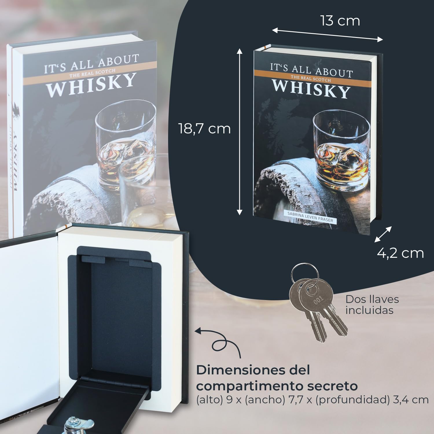 HMF 80701 Caja de libro, caja de caudales con camuflaje de libro con paginas de papel, "Whisky", 18,7 x 13 x 4,2 cm
