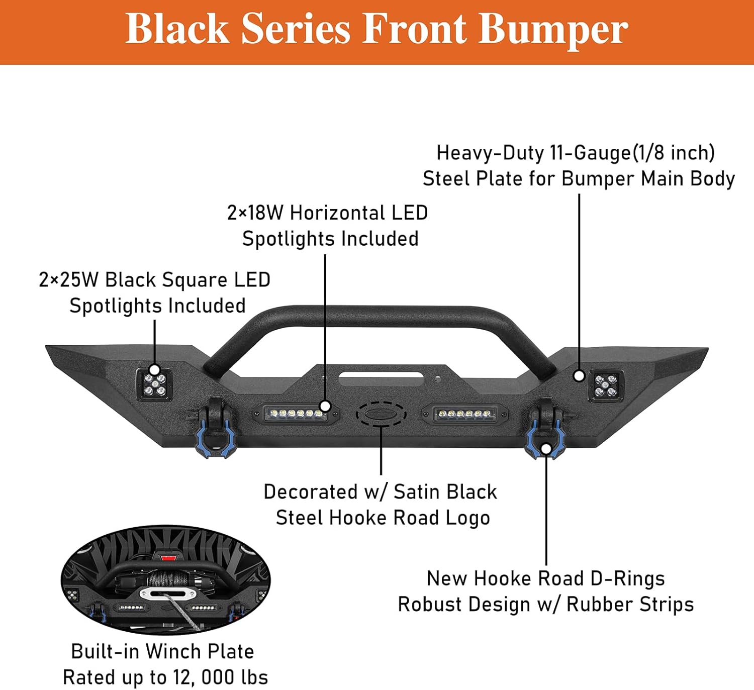 Hooke Road Gladiator Front Winch Bumper for 2007-2026 Jeep Wrangler JK JL & 2020-2026 Gladiator JT, Stubby Offroad Bumper with LED Lights & D-rings