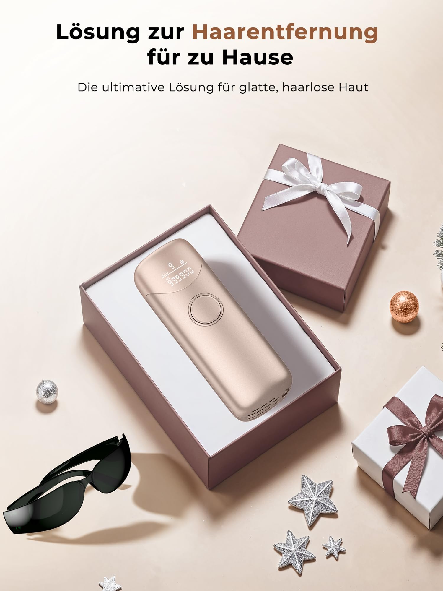 IPL Geräte Haarentfernung mit Kühlfunktion, 9 Energiestufen, 999900 Blitze & 600 NM Rotlicht, Schmerzfrei für Frauen & Männer Gold