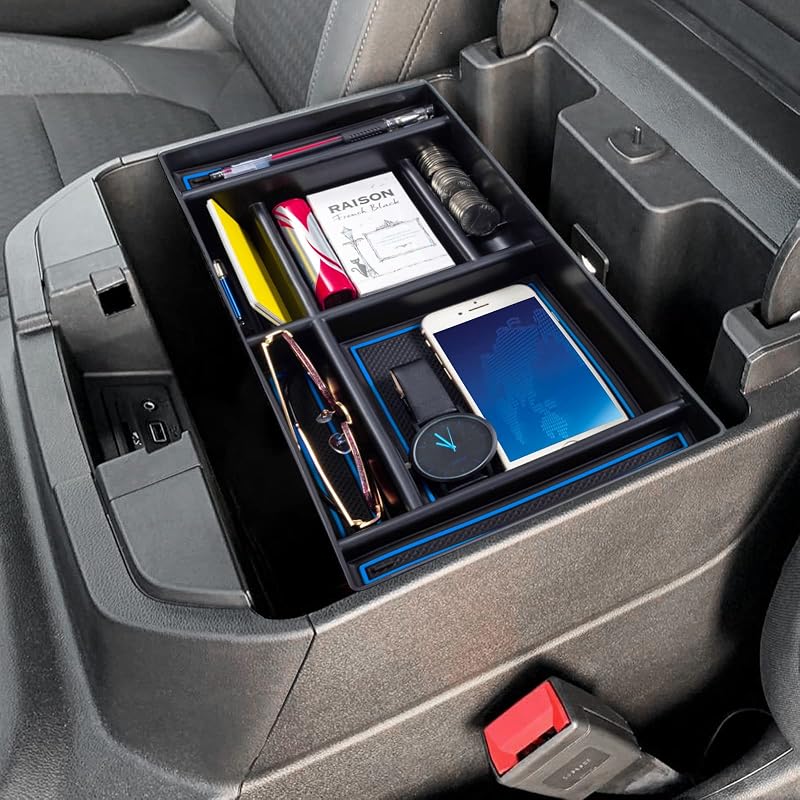 Organizador de console central PIMCAR para Chevy Silverado e GMC Sierra – acabamento azul