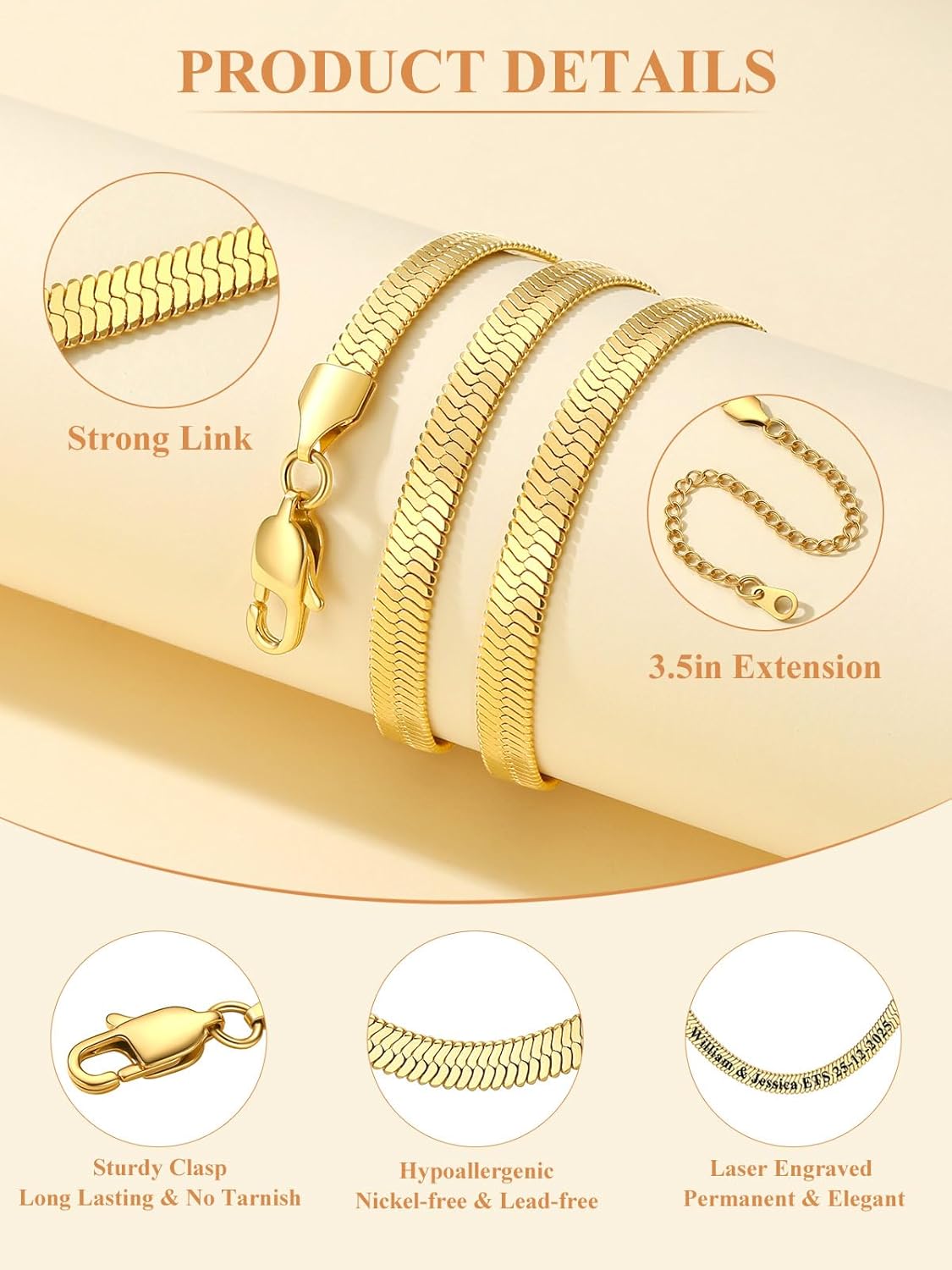 Custom4U Personalized Herringbone Necklace for Women 14K Gold Plated Choker Necklace Stainless Steel Snake Chain Custom Engraved 1-5 Names Adjustable 12/15/18"+3.5" Chain Gold/Silver/Black - Image 4