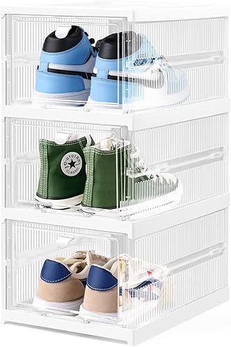 Keeswin Paquete de 3 cajas de almacenamiento transparentes apilables fáciles de instalar cajas de zapatos de plástico plegables organizador de