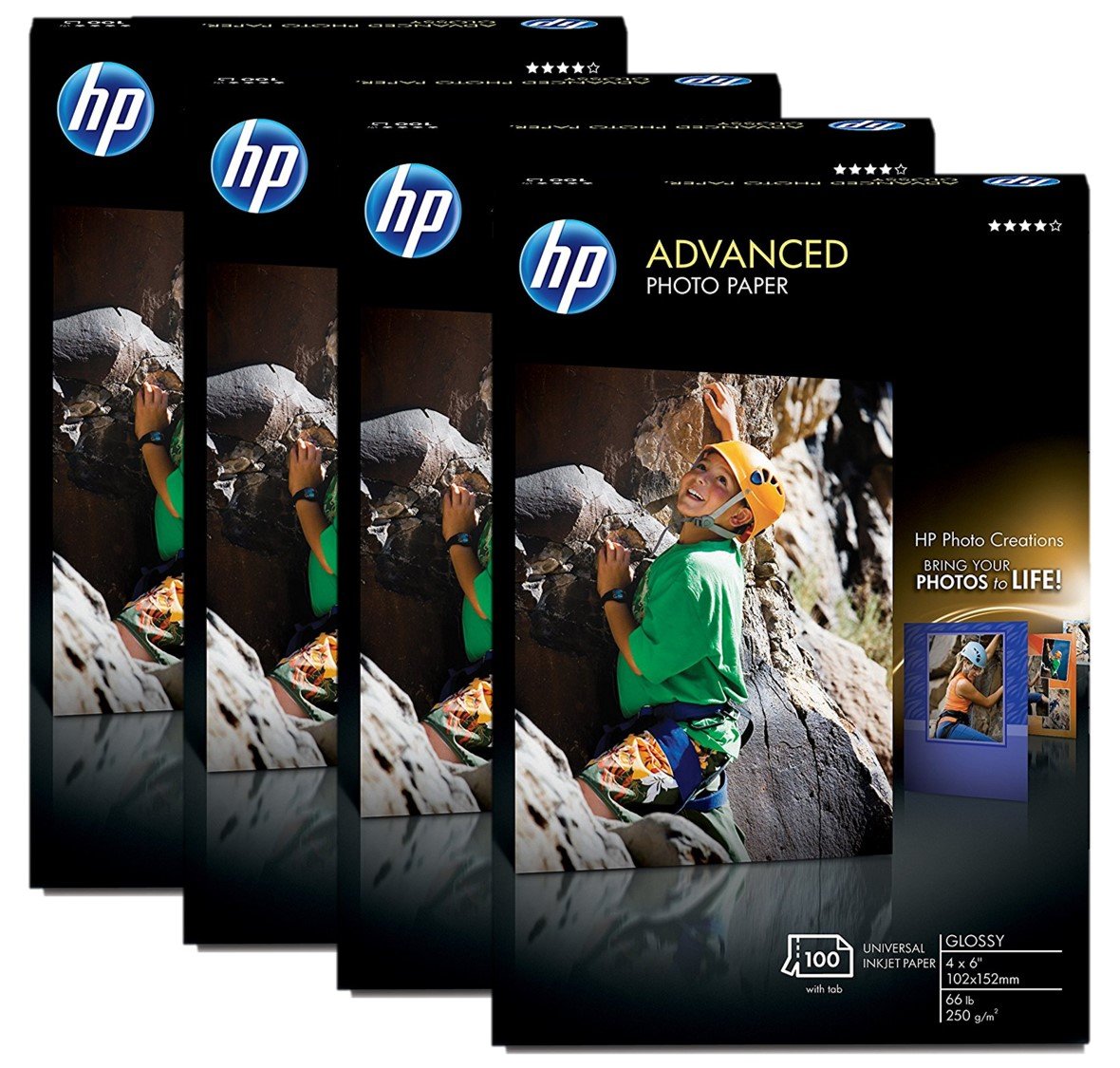 HP Advanced Photo Paper, Glossy (100 Sheets, 4 x 6 Inches, borderless), 4-Packages