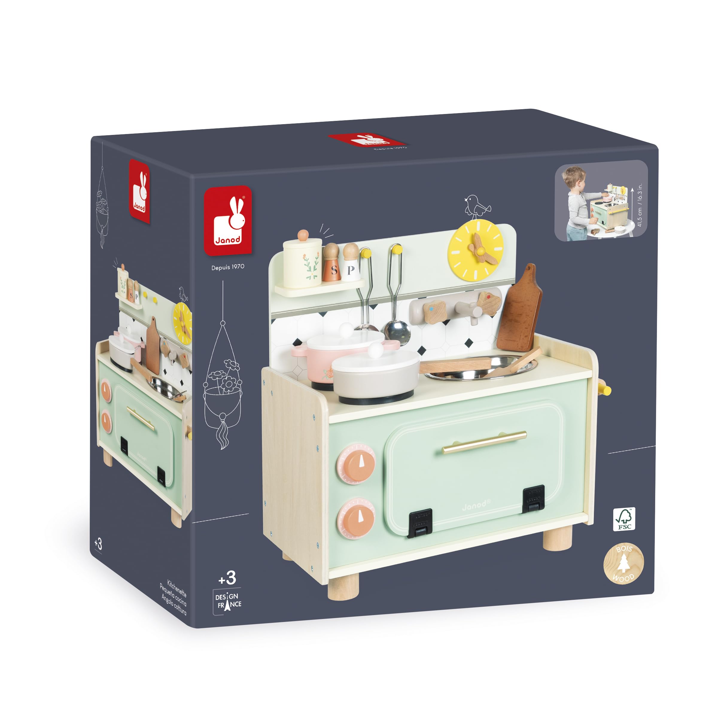 Janod - Cocinita Infantil de Madera - Minicocina Infantil - Equipada con Horno, Fregadero y 10 Accesorios Incluidos - Botones Sonoros Giratorios - Juguete de Imitación - A Partir de 2 años