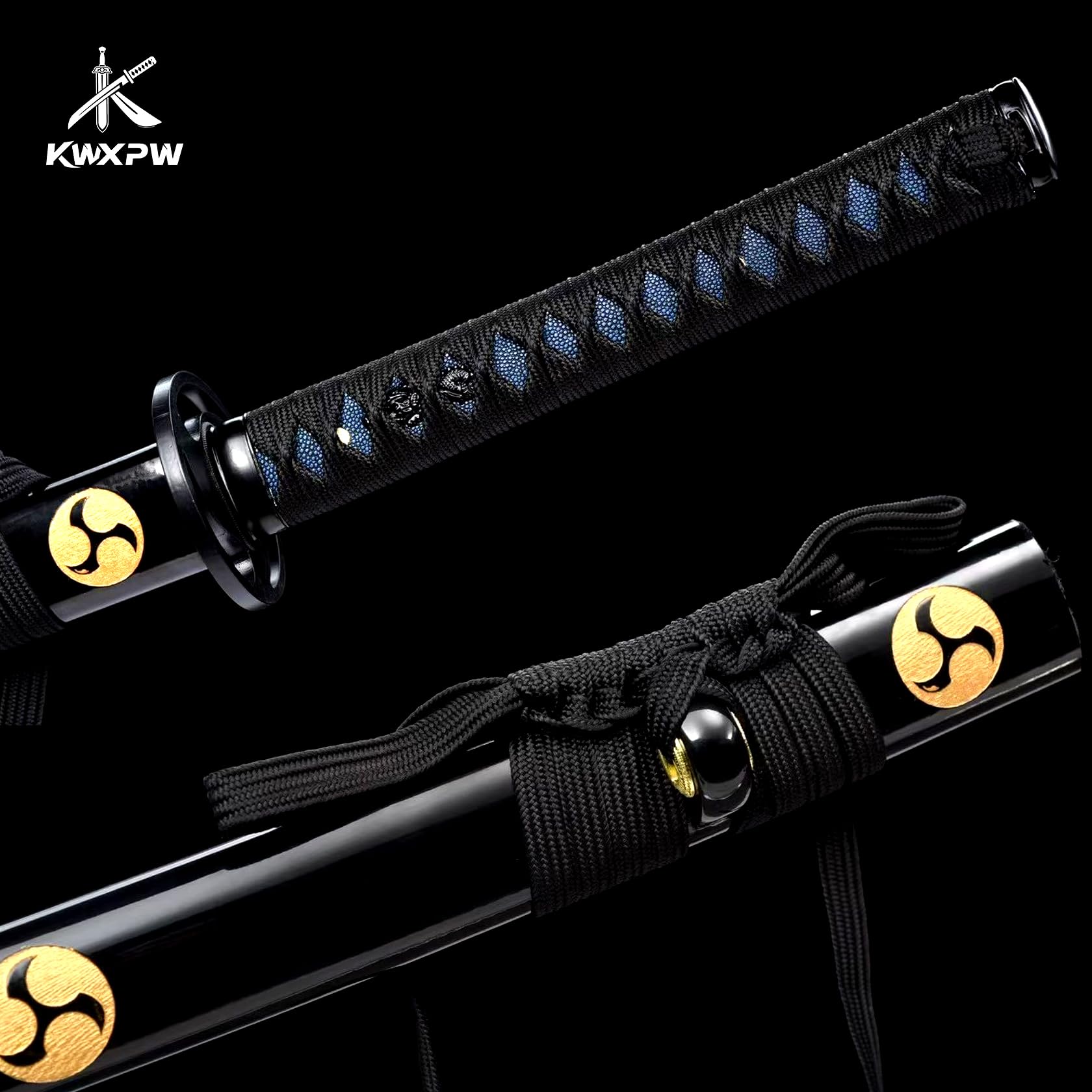 103cm Schwarzes Katana,Japanisches Samuraischwert,Federstahl Klinge,Holzscheide mit Schnitzmuster,handgefertigt echt Samurai-Schwert für Geschenke,Displays,Cosplay,Requisiten,Training