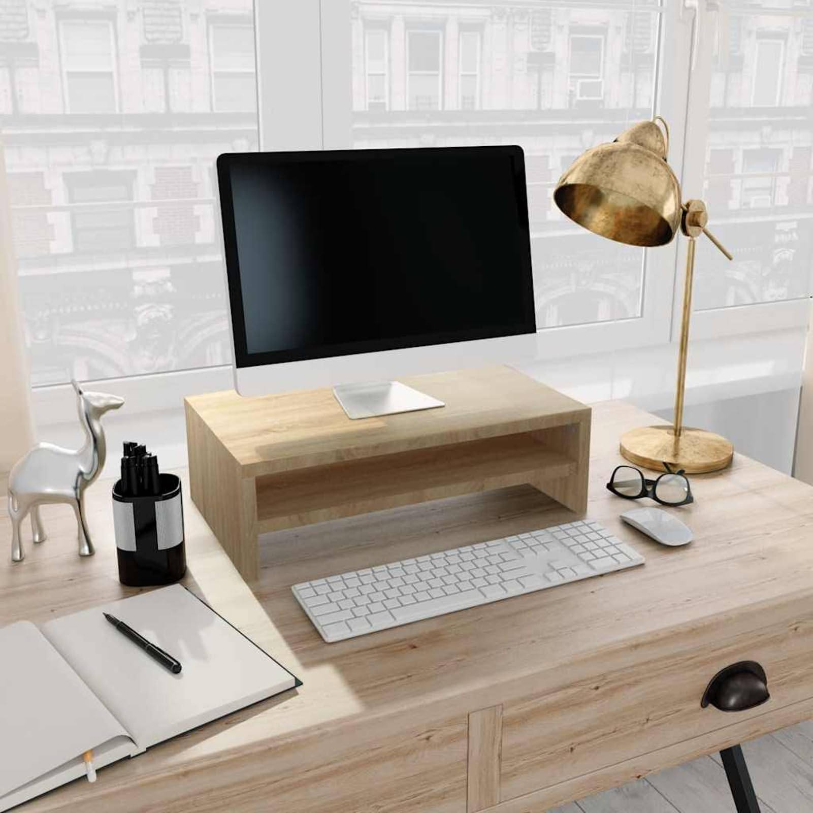 Supporto per monitor in rovere Sonoma, 42 x 24 x 13 cm, in legno | Stabile in legno, regolazione ergonomica dell'altezza, vano portaoggetti per tastiera e dispositivi multimediali