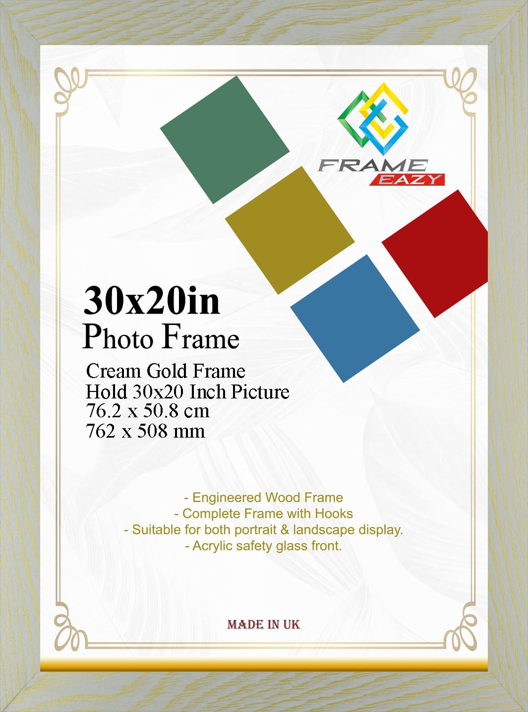 Modern Cream Gold Maxi Poster Frame 30 x 20 Inch (76.2 x 50.8cm) Large Picture Frames with Safe Clear Perspex Front & Wall Mounting - 20" x 30" Premium Wall Photo Frames