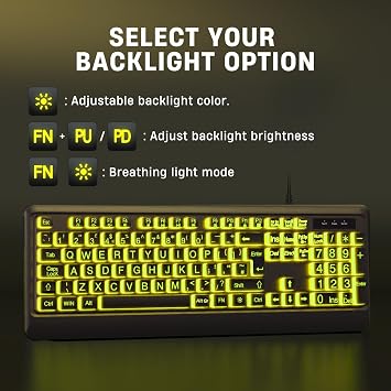 Large Print Backlit Keyboard, Wired USB Lighted Computer Keyboards with 7-Color Backlit, Oversize Letters Keys Easy to See and Type, Quiet Keyboard Compatible for PC, Laptop