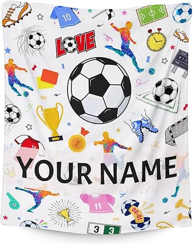 Miniatura 25 de Regalos de fútbol personalizados, manta grande de 50 x 60 pulgadas para niños y niñas, manta suave y acogedora para equipo de fútbol, manta