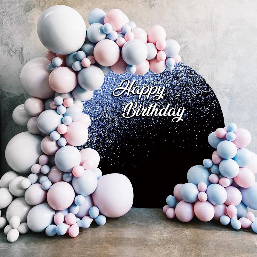 Diametro 2,3m Blu Glitter Punti Sfondo Rotondo per Felice Compleanno Ragazzi Ragazze Bat Mitzvah Sfondo Nero 1 ° 2 ° Festa di Compleanno Baby Shower Photo Booth Props, Poliestere
