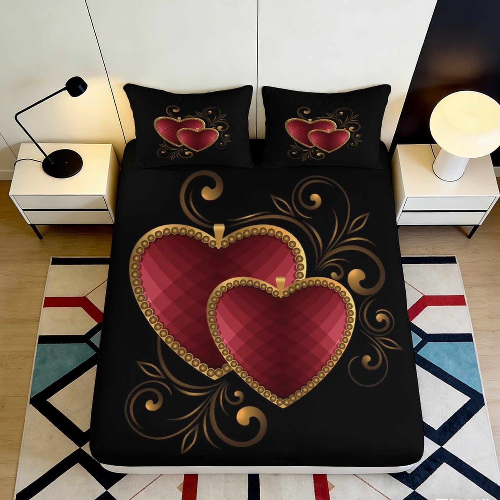 Pnayamiorkfel Style-8 3D Printed Romantic Heart Fitted Sheet Microfiber Black Gold Artistic Swirl Mattress Cover Bedroom Decor Easy Care 90X200x25cm