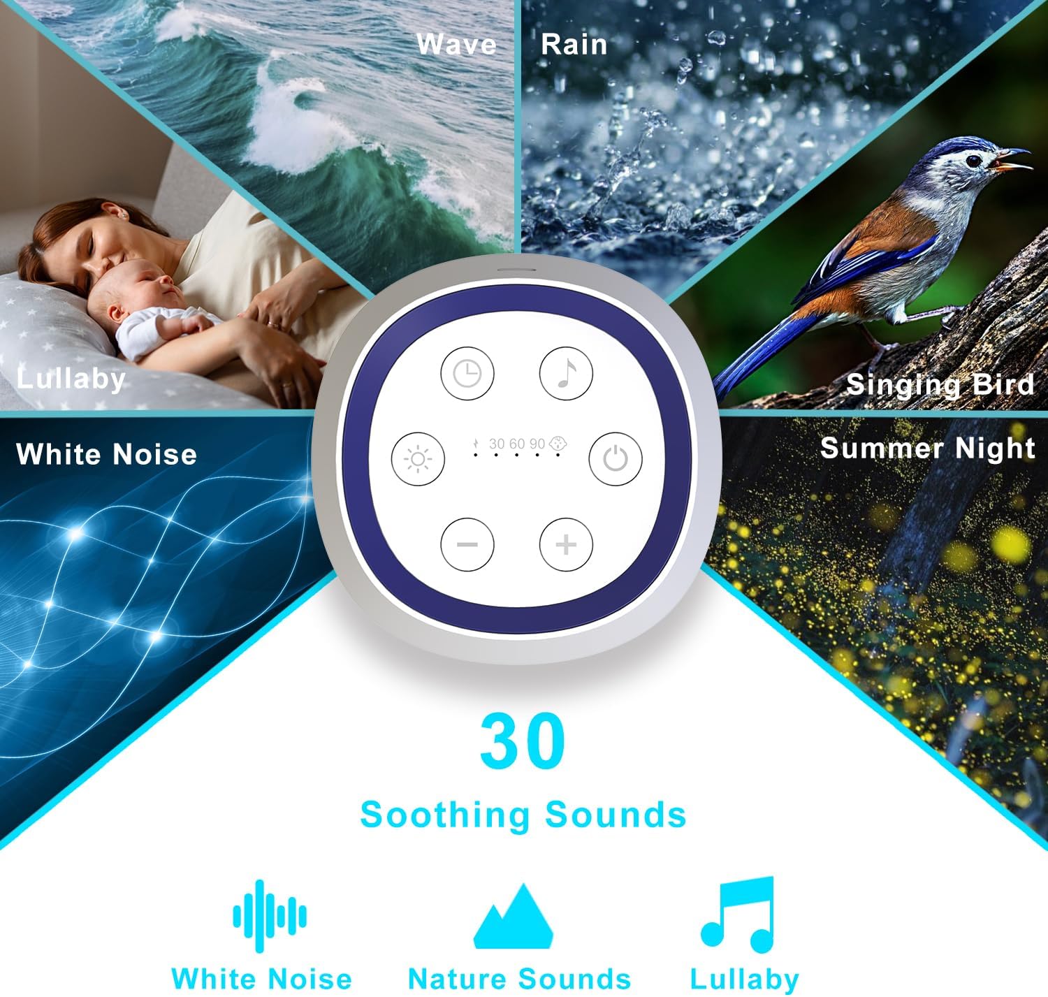 Sleep Sound Machine with 30 Soothing Sounds, Night Light, White Noise Machine for Adults, Infants, and Children, Memory Function, 3 Timer Modes, Suitable for Home, Office, and Travel
