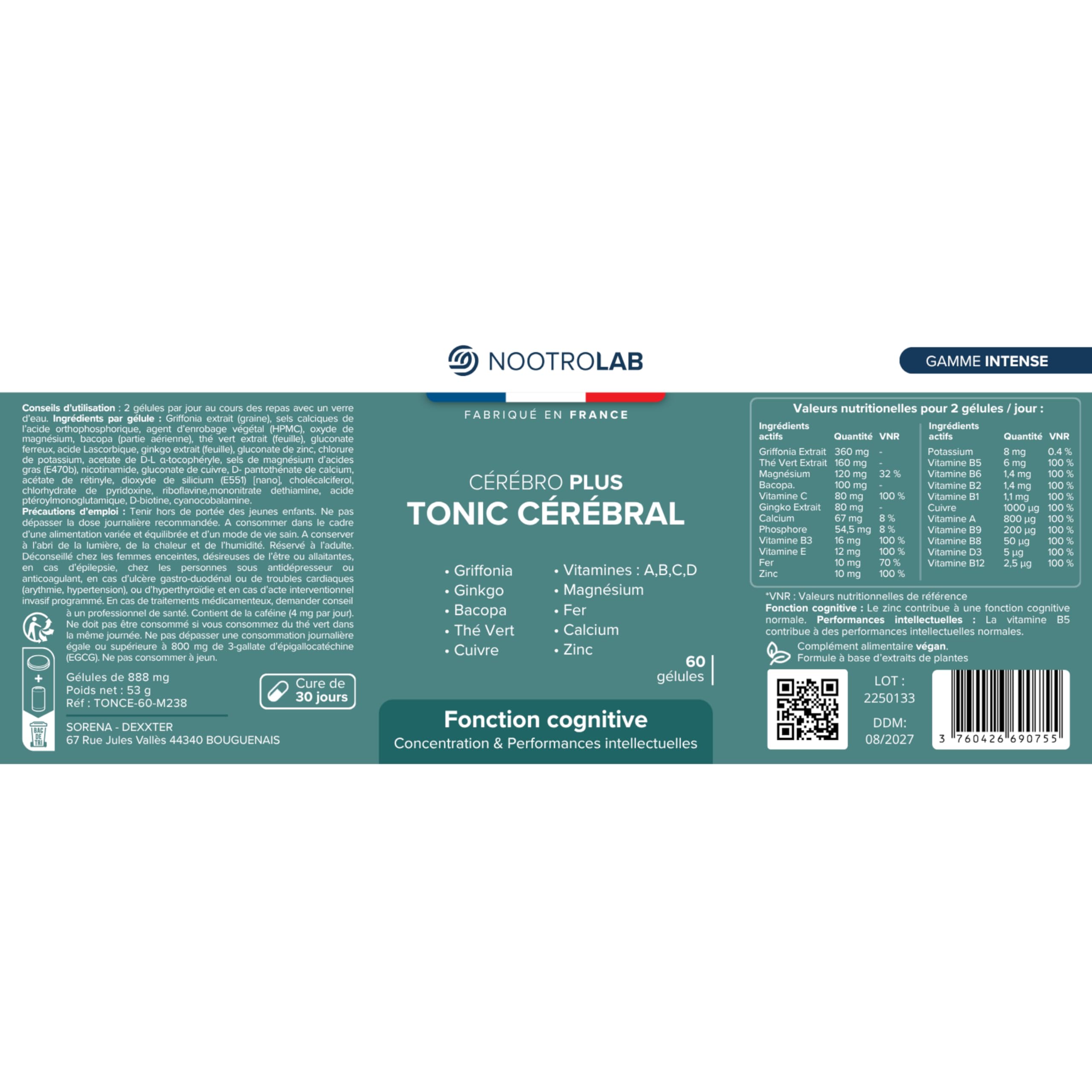 Nootropique Mémoire et Concentration | Complément Alimentaire Cerveau | Focus, Clarté Mentale & Énergie | Bacopa | Griffonia | Ginkgo | Thé vert | Vitamines B, C, D minéraux