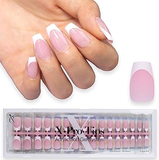 SXC Cosmetics French Tip Press On Nails Pink Short Coffin 160 Pieces in 16 Sizes Ultra Fit with Pre-applied Tip Primer and Base Coat, No Need to File Fake Nails for Nail Art DIY X-Pro Tips