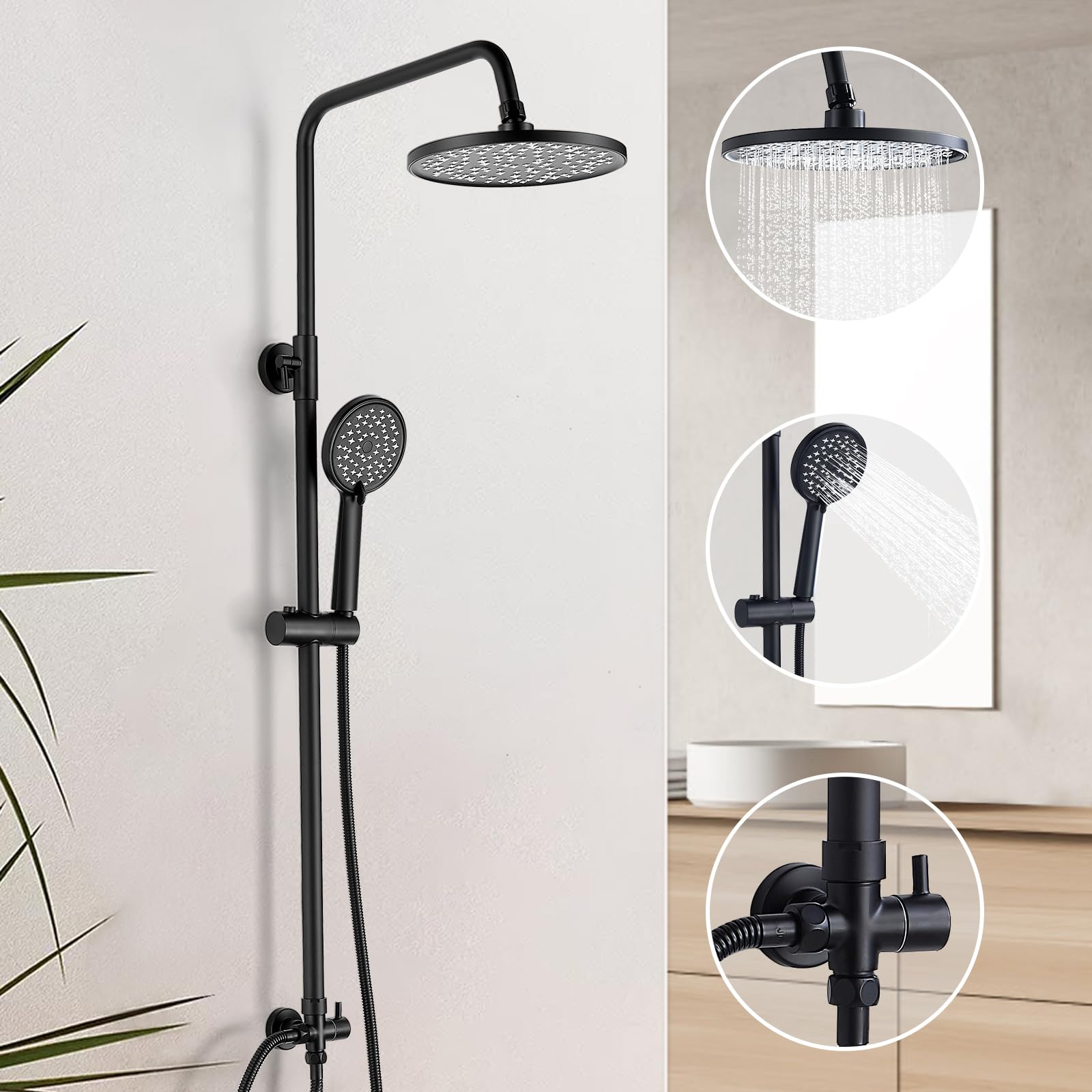 Colonne de Douche sans Mitigeur, Bevankly Noir Ensemble de Douche en Acier Inoxydable pour Baignoire Système de Douche Réglable en Hauteur pour Salle de Bain Pommeau Douche 21x21cm, Noir
