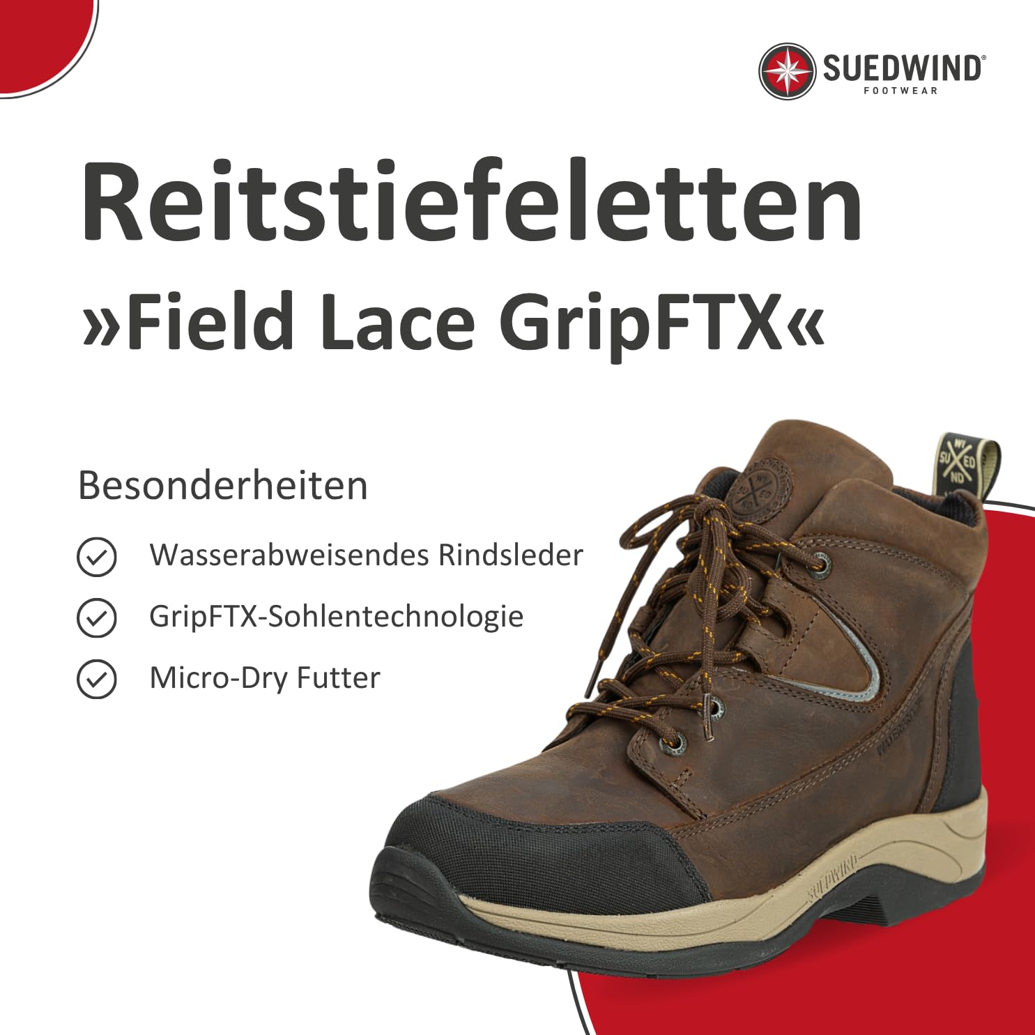 SUEDWIND FOOTWEAR Reitstiefeletten Field Lace GripFTX – Unisex Leder-Stiefeletten – Stall & Gelände Allwetterstiefeletten – Schnürung, Micro-Dry-Futter, GripFTX-Sohle – chocolate & 36–46