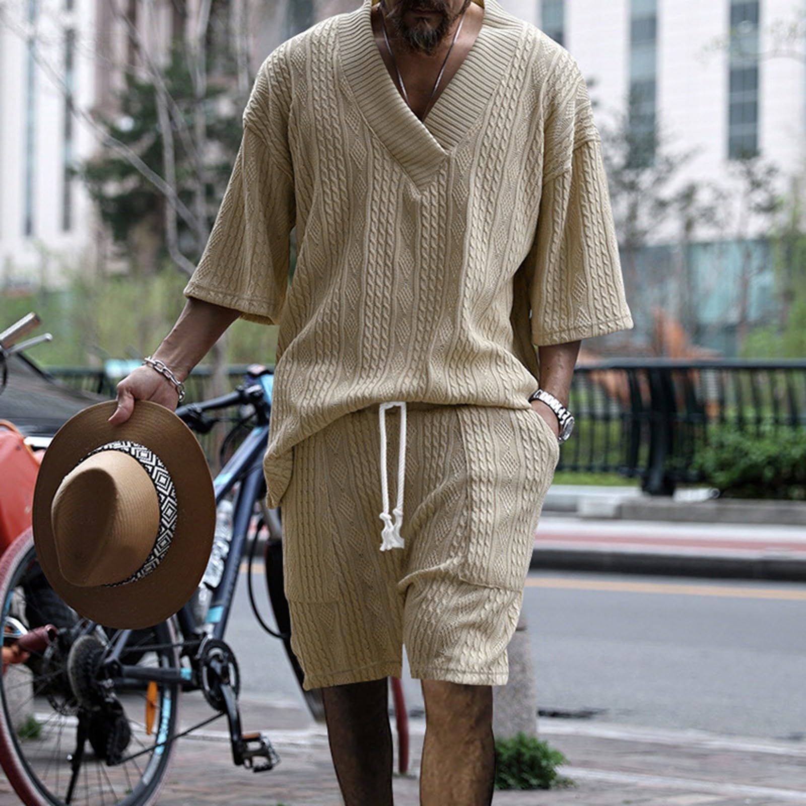Tuta da uomo per matrimonio, completo in due pezzi, da uomo, in tinta unita, a mezza manica e pantaloni, set sportivo, per adolescenti, tuta estiva da spiaggia, abbigliamento casual 2024, maglione con
