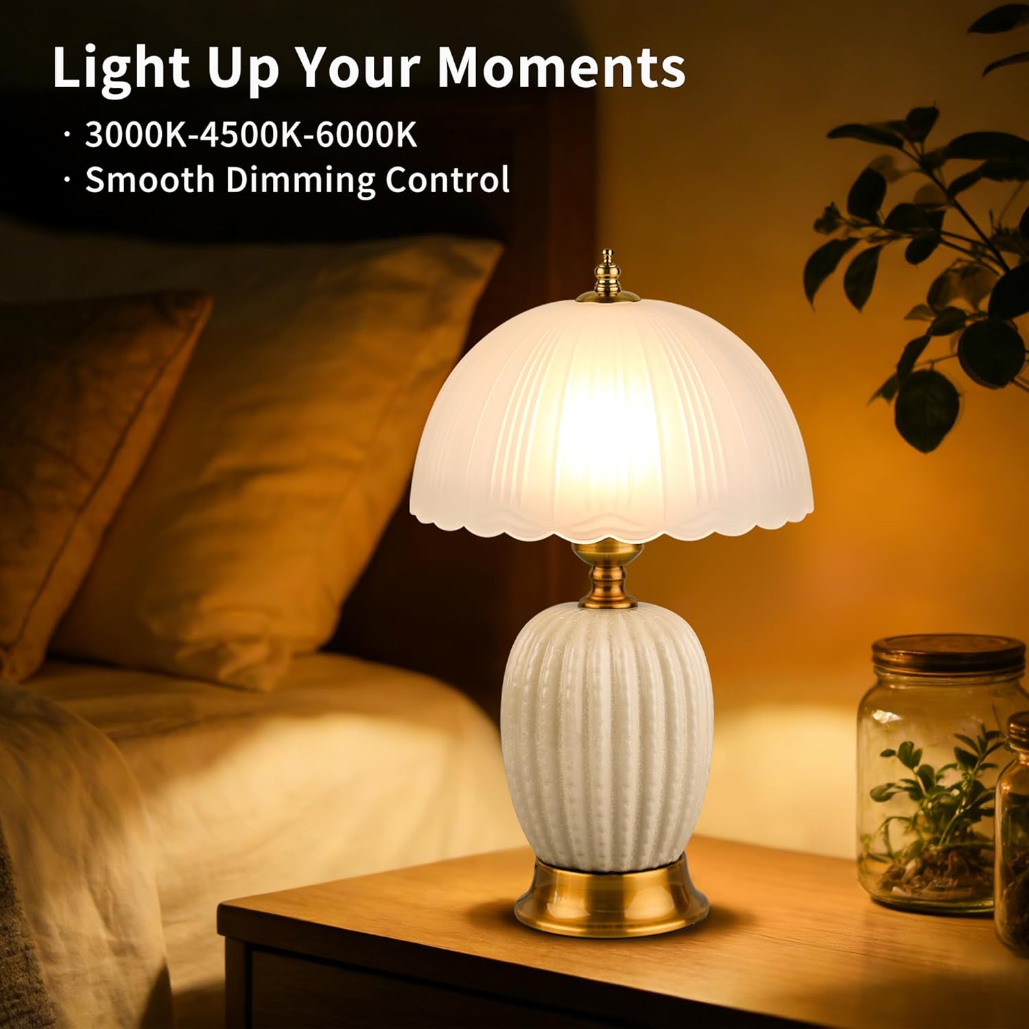15.7In Cactus Table Lamp, Creamy White Ice Crackle Ceramic Base with Scalloped Frosted Glass Shade, 3-Color Dimmable LED Bedside Lamp for Bedroom & Living Room, Aesthetic Decor, Bulb Included