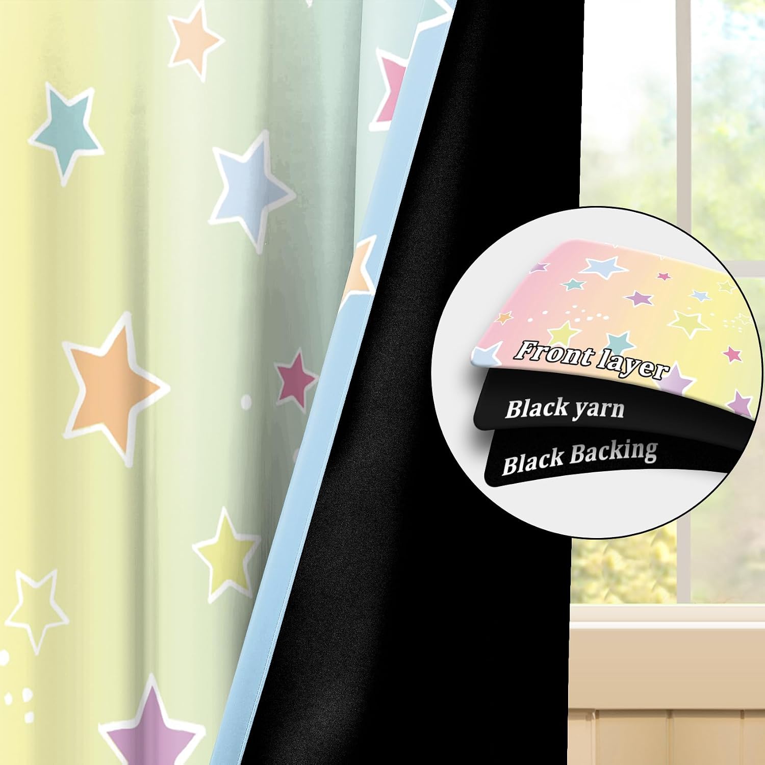 Renaiss 42 x 63 Inch Colorful Blackout Nursery Curtains for Girls Bedroom Star Pattern Decorative Curtains with Grommet Thermal Insulated Window Drapes for Kids Room Black Liner 2 Panels