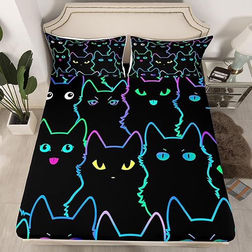 Erosebridal Sábanas de Cama para Niños de Gato Lindo Tamaño Twin Línea de Arcoíris Neón Sábana Ajustable de Gato con Bolsillo Profundo para Niñas