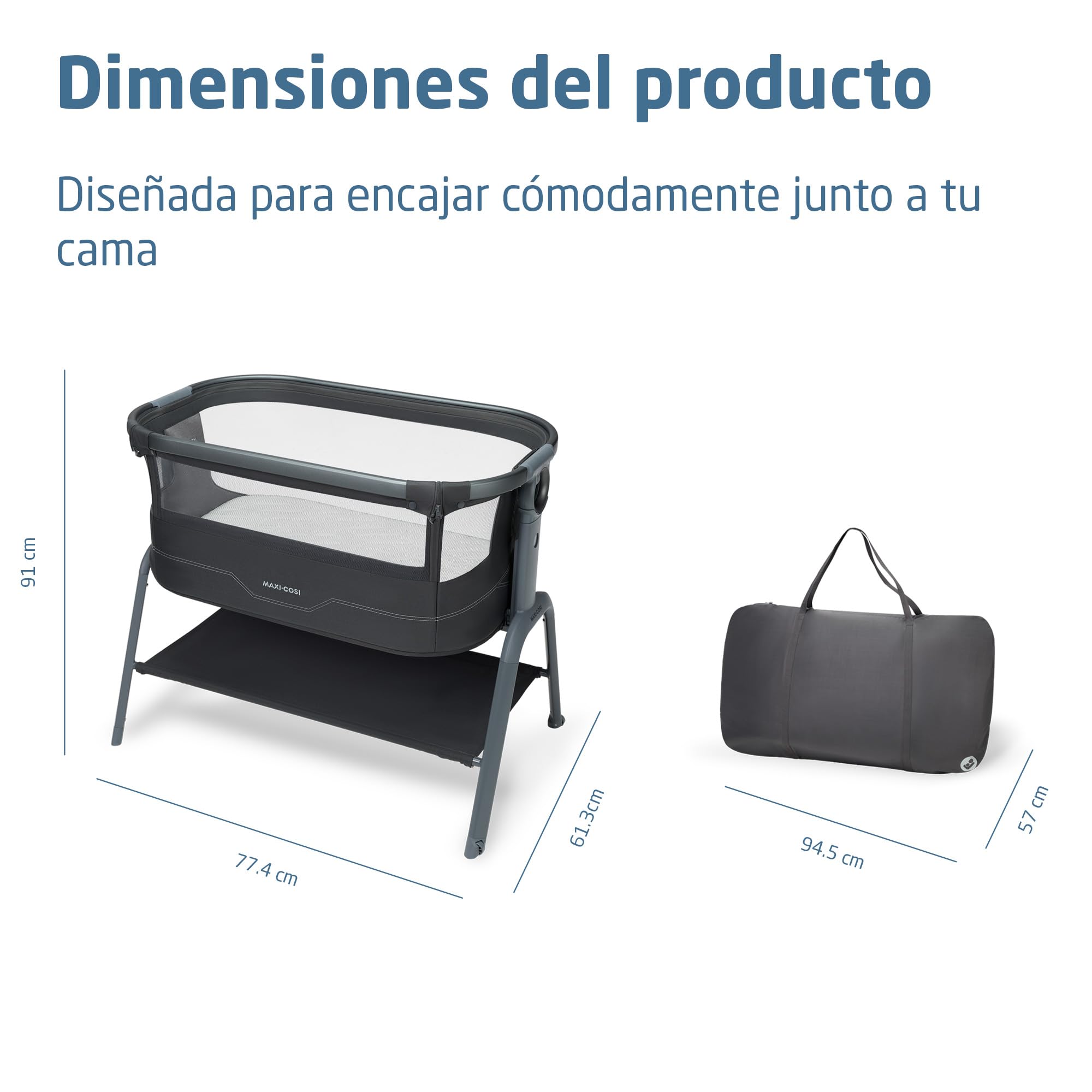 Maxi Cosi Iora² Cuna Colecho, 0-6 Meses (9 kg), Cuna Colecho Bebé Plegable y Ligera, Colchón CloudCore de 5cm, 5 Niveles de Altura, 2 Ruedas con Deslizamiento Suave, Fácil de Mover, Elegance Graphite