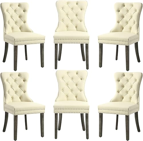 Miniatura 111 de Juego de 2 sillas de comedor, sillas de terciopelo copetudas con patas de acero inoxidable doradas, anillo de metal con ribete de remache, respaldo