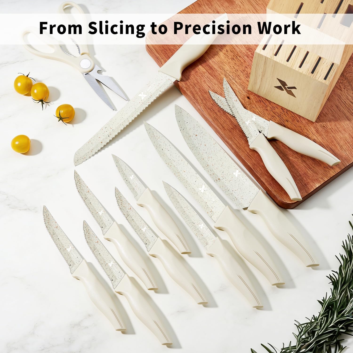 XANAPON Knife Set, Dishwasher Safe Kitchen Knife Set, CreamWhite Ergonomic Handle and Ceramic-Coated Blades, Built-in Sharpener Block, Sturdy German Stainless Steel