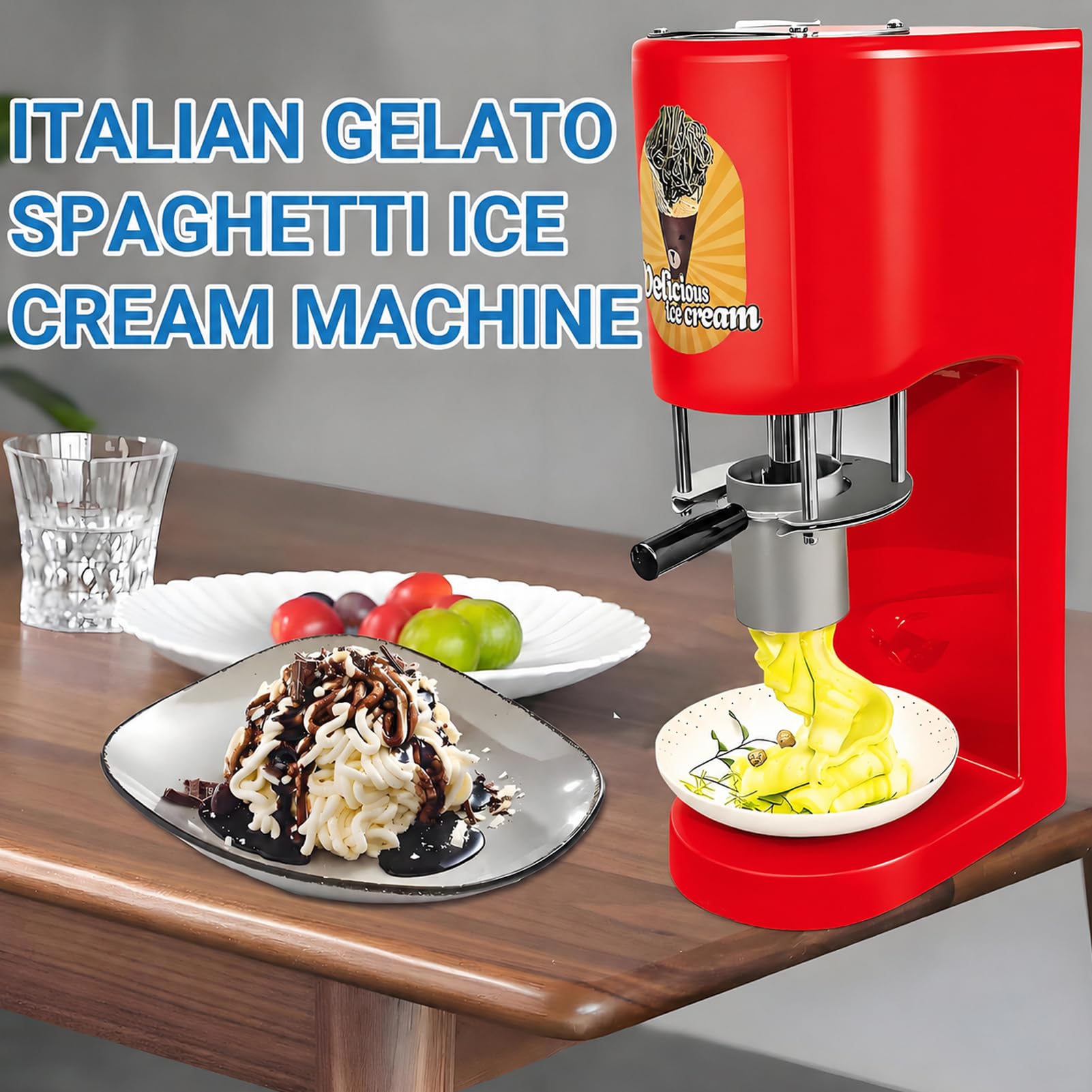 Máquina Heladera Spaghetti 80W Profesional, con 4 Moldes INOX, Extrusora De Helado Italiano, para Restaurantes, Bares, Heladerías