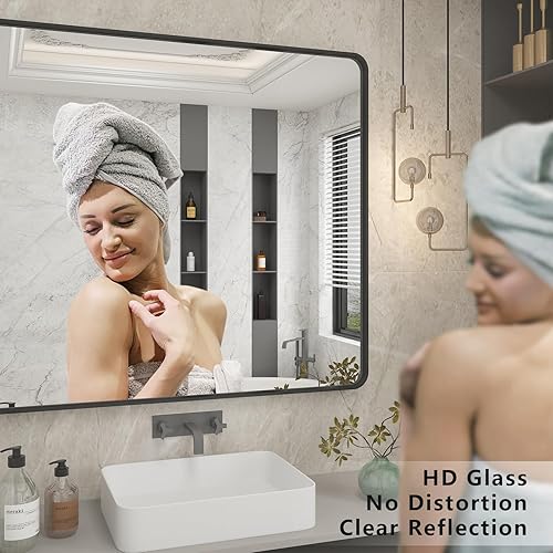 Miniatura 4 de CHARMOR Espejo de baño enmarcado negro de 60 x 28 pulgadas espejo grande negro mate para pared espejo rectangular redondeado moderno inastillable