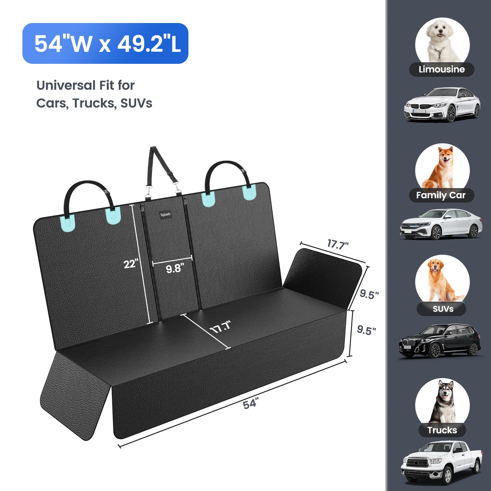 Coprisedile per auto per cani, in pelle PU, impermeabile, per cani, con rete antiscivolo, universale, per auto, camion e SUV, colore: nero