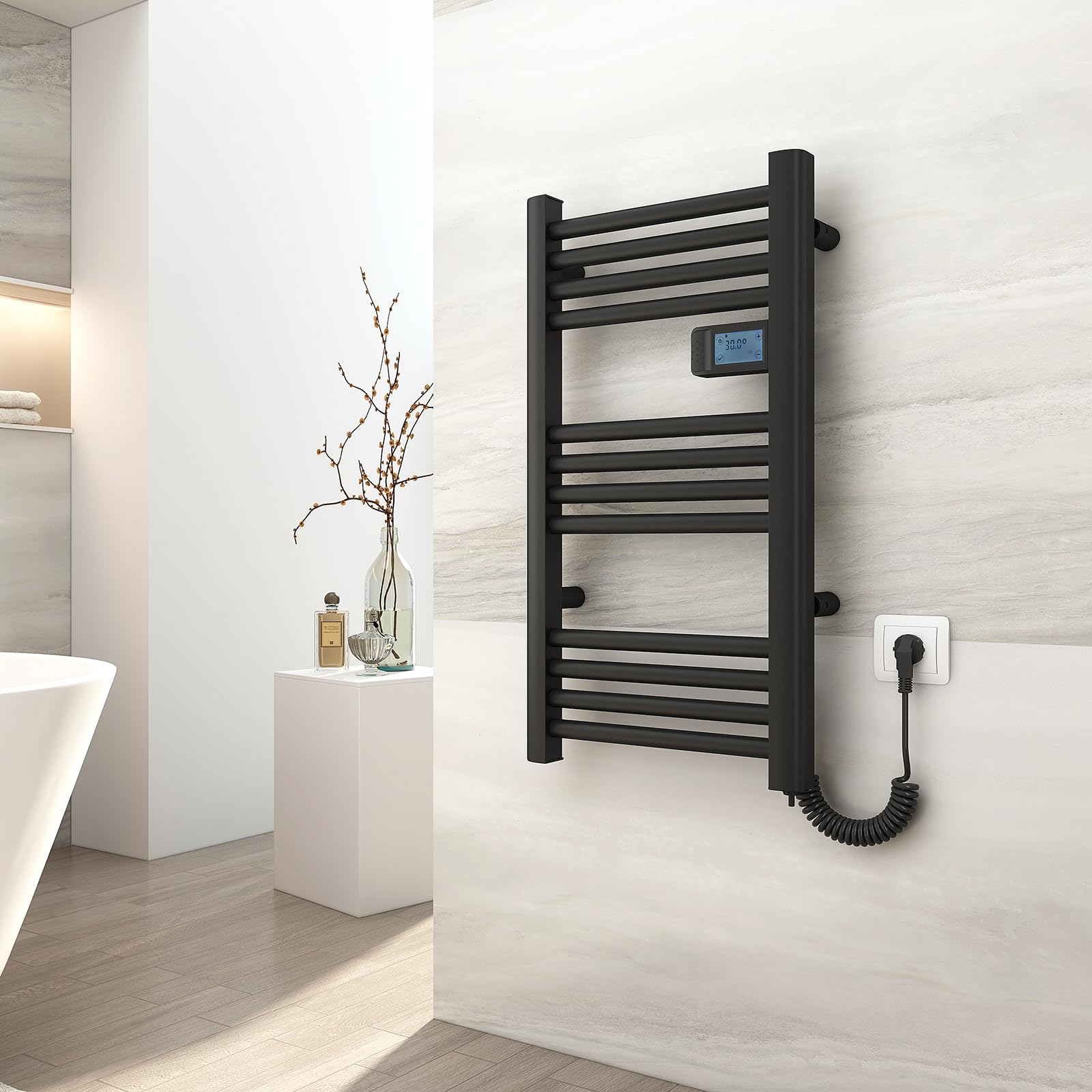 EMKE Toallero electrico baƱo 75x40 cm,180W, Radiador de BaƱo con Controlador de Pantalla Digital, Secador de Toallas ElƩctrico Recto (Negro)