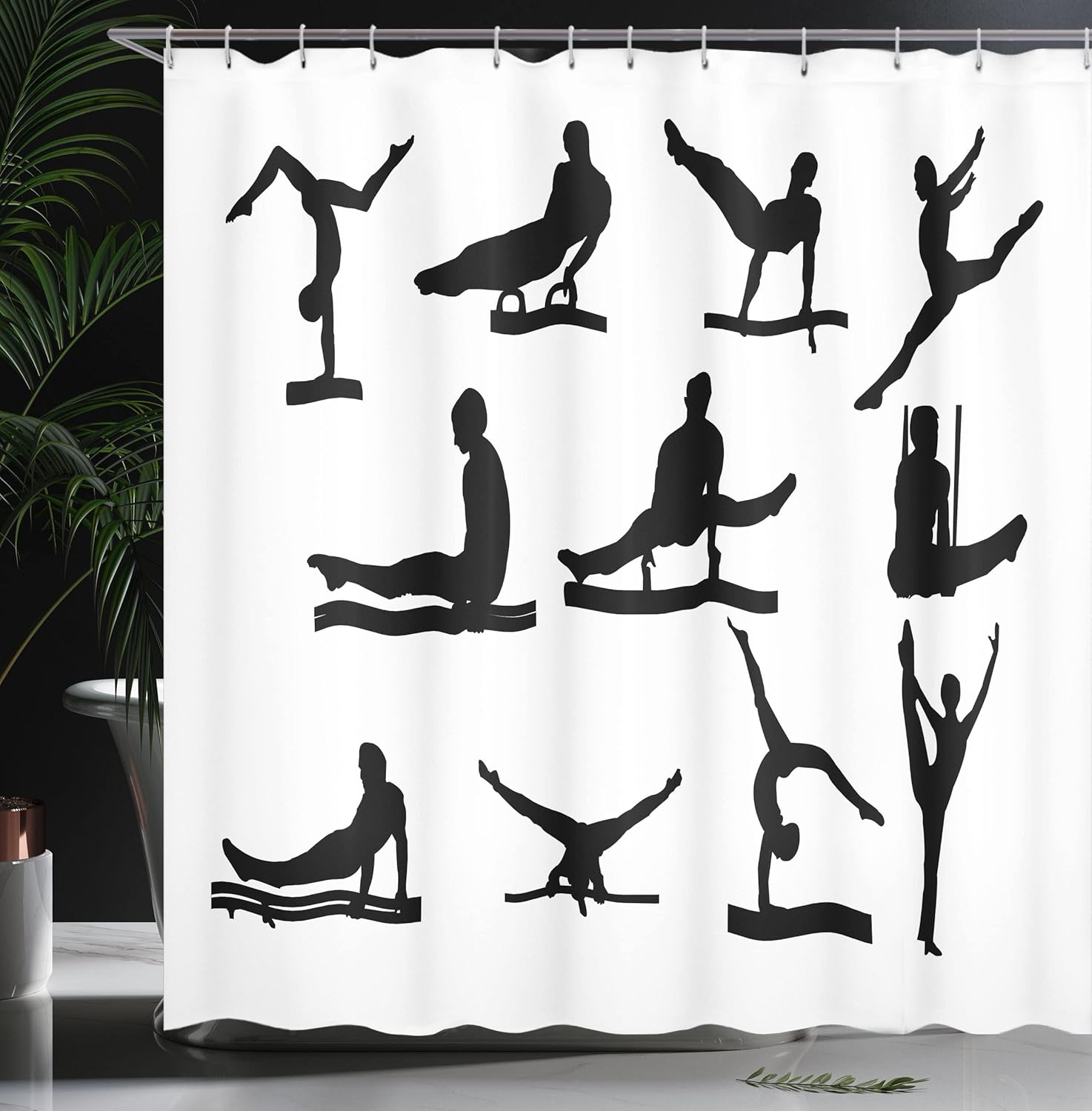 Ambesonne Gymnastics Shower Curtain, Composition of Mens Pommel Horse Athlete Silhouettes with Various Poses, Cloth Fabric Bathroom Decor Set with Hooks, 69" W x 70" L, Black and White