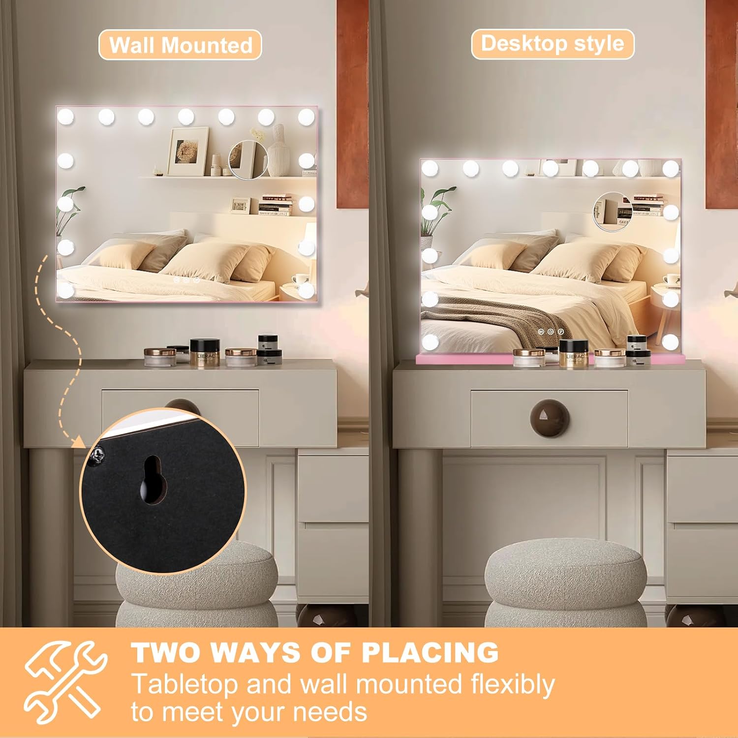 Moonee Vanity Mirror with Lights, Pink Hollywood Lighted Makeup Mirror with 15 Dimmable Bulbs and 10X Magnification, 3 Colors Modes, Aluminum Metal Frame, Light Up Mirror for Tabletop/Wall（23" x 18"） image 5